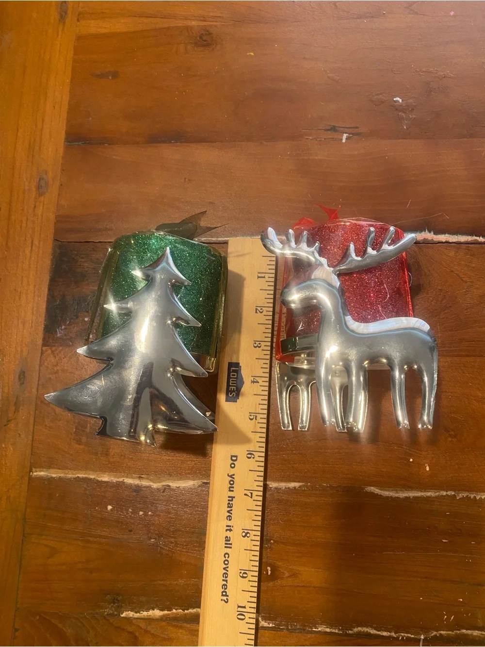 Kohl's Aluminum Reindeer and Tree Candle Holders with Red and Green Glitter